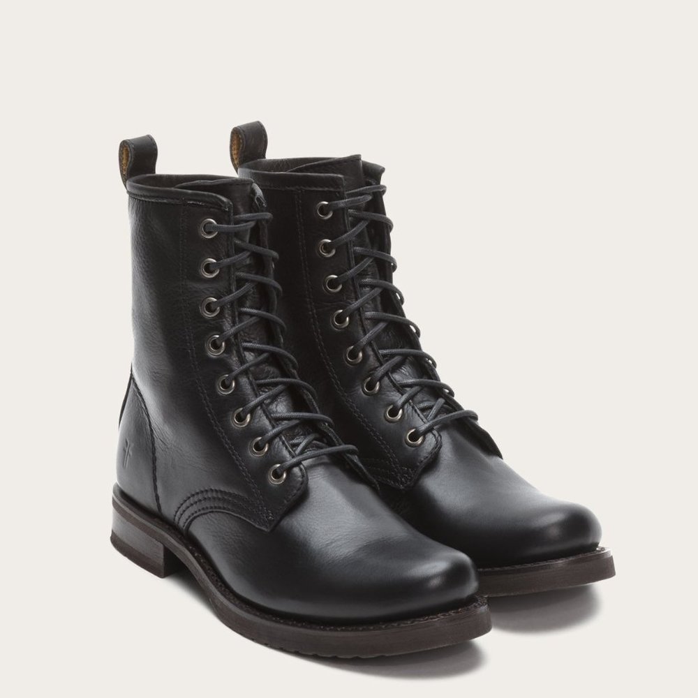 Frye Veronica Combat Black Leather Lace Up Boots - Picture 4 of 16